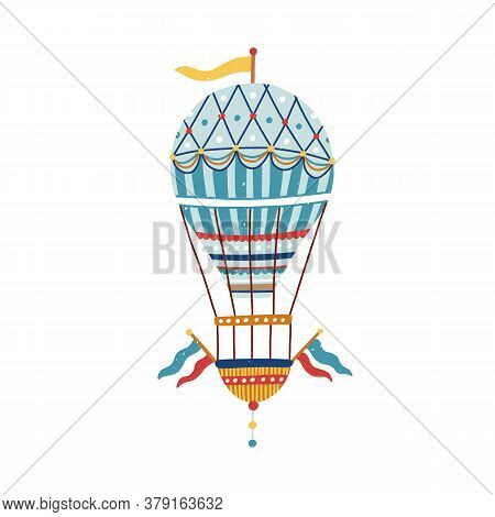 Vintage Victorian Vivid Striped Air Hot Balloon. Flying Ornamented Childish Aerostat With Flag Baske