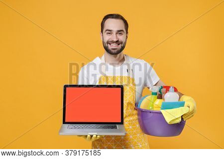 Smiling Man Househusband In Rubber Gloves Hold Basin Detergent Bottles Washing Cleansers Doing House