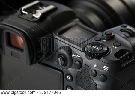 Barcelona, Spain - July 31, 2020: Brand New Mirrorless Digital Camera Canon R5 Closeup