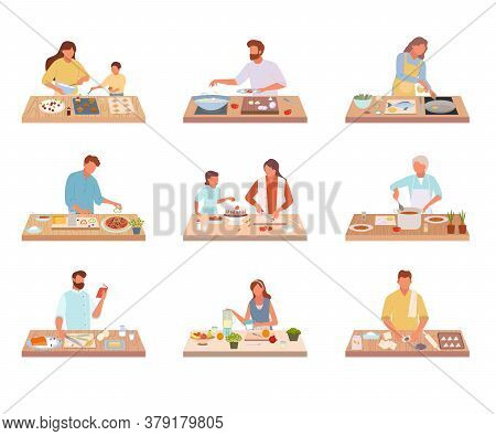 People Cook Tasty Food Set. Characters Share Recipes Prepare On Kitchen Table Delicious Dishes Old W