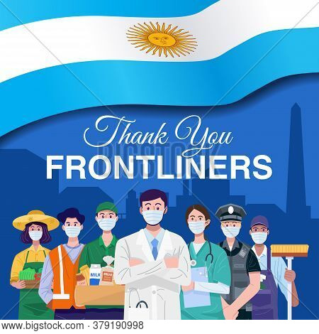 Thank You Frontliners. Various Occupations People Standing With Flag Of Argentina. Vector