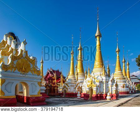 Padogas Of Buddhist Monastery, Inle Lake, Shan State Of Myanmar Former Burma In Asia