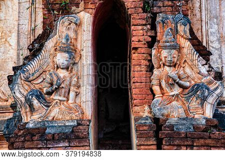 Ruins Of Ancient Stupas Of Shwe Indein Pagoda Over Blue Sky. Indein Village, Inle Lake, Shan State, 