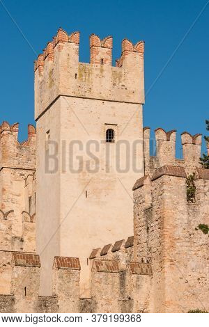Rocca Scaligera Castle In Sirmione Town On The Garda Lake, Brescia, Italy. High Quality Photo