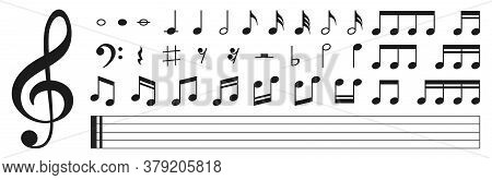 Set Of Musical Notes. Black Musical Note Icons. Music Elements. Treble Clef. Vector Illustration.