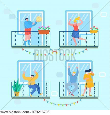 Concept Of Quarantine. People Staing At Home And Dance On Their Balconies. Stay Home Concept. Self I