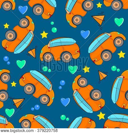 Cartoon Cars Seamless Pattern On Blue Background. Colorful Baby Pattern With Car, Star, Heart, Aerop