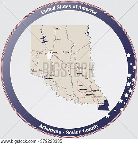 Round Button With Detailed Map Of Sevier County In Arkansas, Usa.