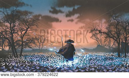 Ancient Warrior With The Magic Spear Standing In The Meadow, Digital Art Style, Illustration Paintin