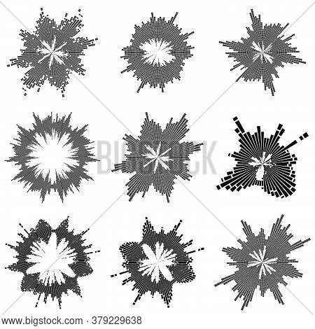 Radial Music Bars Collection. Round Musical Wave. Abstract Sound Ripple Set. Circular Audio Effect. 