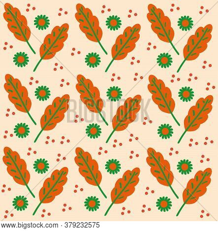 Oak Leaves And Flowers Botanical Pattern. Autamn Rustic Forest Textile Painting. Vintage Foliage Orn