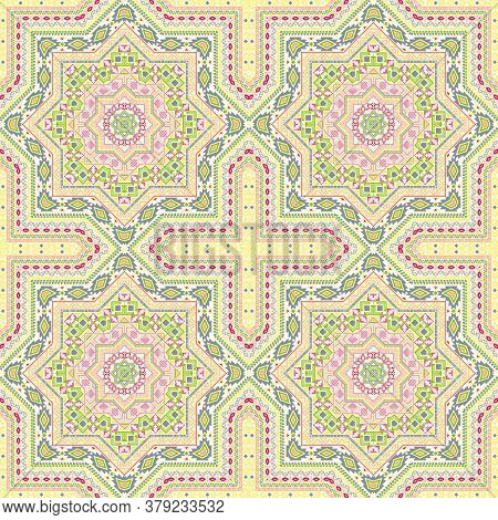 Beautiful Victorian Majolica Tile Seamless Ornament. Ethnic Geometric Vector Motif. Plaid Print Desi