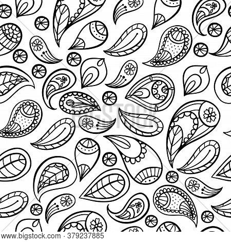 Hand Drawn Black And White Indian Paisley Illustration.