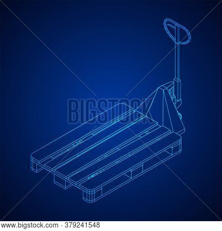Hand Pallet Jack Lift. Manual Forklift With Cargo Pallet For Warehouse. Logistics Shipping Concept. 
