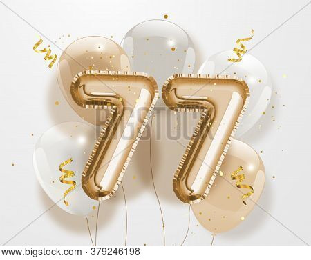 Happy 77th Birthday Gold Foil Balloon Greeting Background. 77 Years Anniversary Logo Template- 77th 