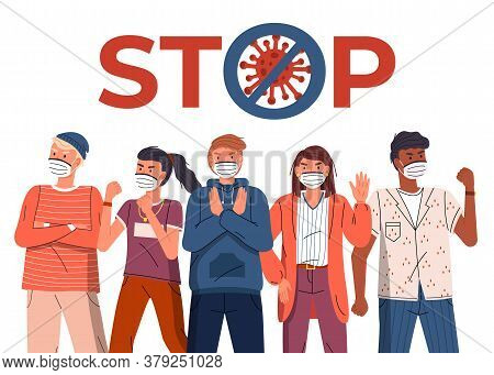 Crowd Of Multinational People In Face Medical Masks Protesting Against World Epidemic. Group Of Char
