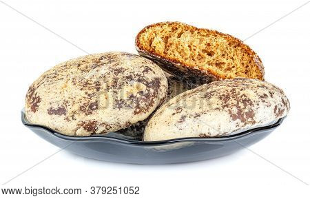 Russian Traditional Gingerbread Cookies On A Plate Of Smoky Glass Isolated On White Background