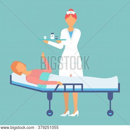 Hospitalization Of The Patient. A Nurse Or Family Doctor Wearing Uniform With Medicine Taking Care O