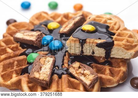 Freshly Baked Waffles With Chocolate Isolated On White Background