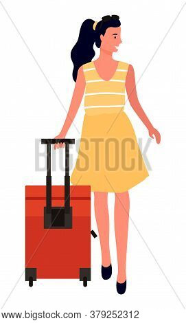 Traveler With Luggage Vector, Walking Woman With Babbage Looking Aside. Isolated Character Wearing S