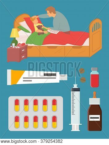 Father Caring For Ill Kiddo Vector, Son And Daddy, Child Laying With Plush Bear Toy, Ointment And Bl
