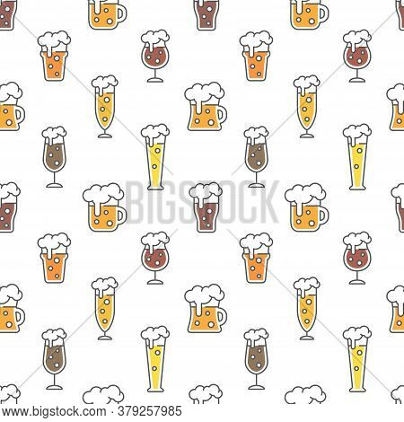 Beer Types Colorful Seamless Pattern Design. Beer Glasses For Ale, Weizen, Pint And Mug, Cute Vector