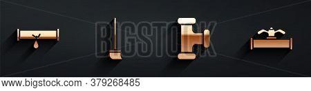 Set Broken Pipe With Leaking Water, Mop, Industry Metallic Pipe And Industry Pipe And Valve Icon Wit