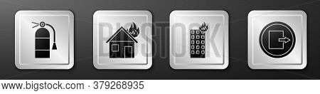 Set Fire Extinguisher, Fire In Burning House, Fire In Burning Building And Fire Exit Icon. Silver Sq