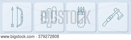 Set Line Bow And Arrow In Quiver, Quiver With Arrows, Cactus And Tomahawk Axe. White Square Button. 
