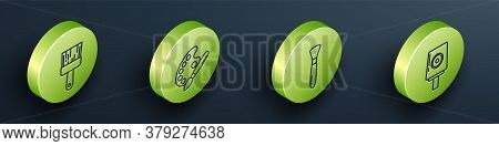 Set Isometric Paint Brush, Paint Brush With Palette, Paint Brush And Spray Can Nozzle Cap Icon. Vect