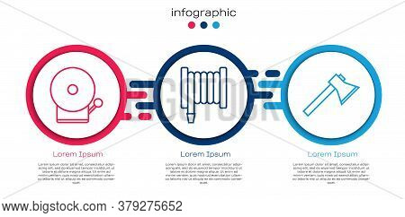 Set Line Ringing Alarm Bell, Fire Hose Reel And Firefighter Axe. Business Infographic Template. Vect