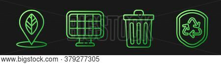 Set Line Trash Can, Location With Leaf, Solar Energy Panel And Recycle Symbol Inside Shield. Gradien