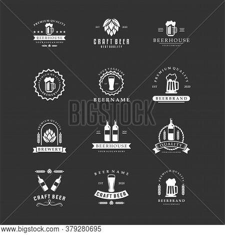 Brewery Logo Set. Kraft Beer Retro Signs Glass, Bottle, Mug, Kettle, Herbs And Plants. Vector Vintag