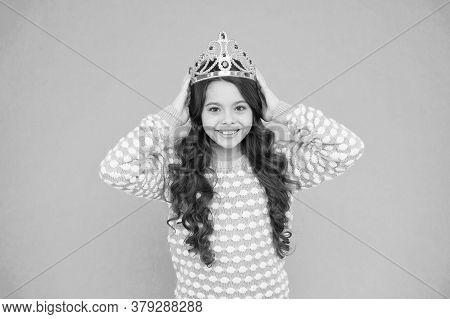 Ready For Prom Night. Happy Child Wear Prom Crown. Prom Girl Blue Background. Coronation Party. Holi