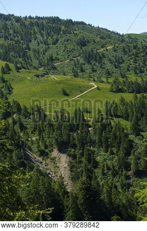 Mountain Landscape Along The Road To Crocedomini Pass, In The Brescia Province, Lombardy, Italy, At 