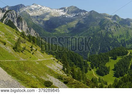 Mountain Landscape Along The Road To Crocedomini Pass, In The Brescia Province, Lombardy, Italy, At 