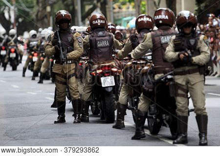 Salvador, Bahia / Brazil - September 7, 2014: Motorcyclists From The Policia Militar Da Bahia Are Se
