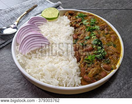 A Platter Of Indian Red Kidney Beans Curry Or Rajma Masala And Rice