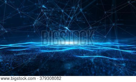 Abstract Blue Digital Particles Wave And Digital Data Network Connections For A Technology, Communic