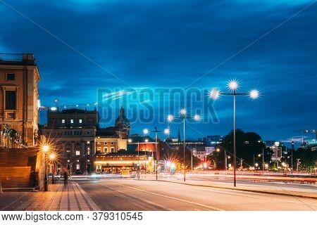 Stockholm, Sweden. Scenic View Of City Center In Sunset Twilight Dusk Lights. Evening Lighting. Skep