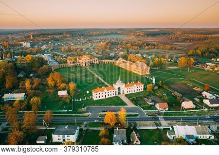 Ruzhany, Brest Region, Belarus. Cityscape Skyline In Autumn Sunny Evening. Birds-eye View Of Ruzhany