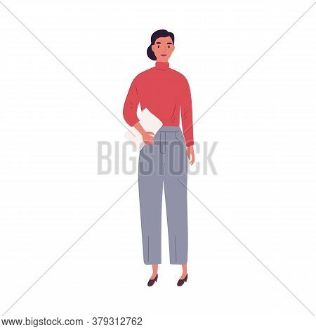 Young Businesswoman Carrying Paper Documents Vector Flat Illustration. Smiling Trendy Female Entrepr