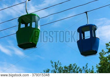 Two Cabins On The Cable Car In The Sky. Funiculars.