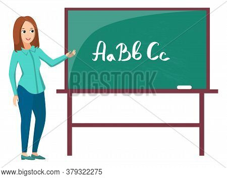 Teacher Standing Near Chalkboard, Letters Abc On Green Board. Tutor Teaching, Educational Element, E
