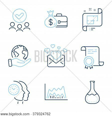 Trade Chart, Love Mail And Chemistry Lab Line Icons Set. Diploma Certificate, Save Planet, Group Of 