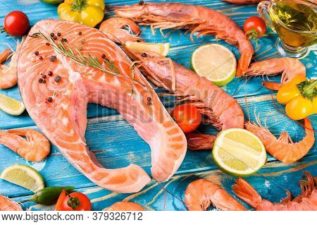 Fresh Tes Red Rhubaurin, Delicious Langoustines, Ovosh, Lime, Sprigs Of Razmarin, Olive Oil, Omega. 
