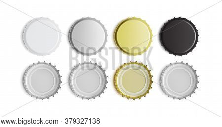 White, Black, Silver And Gold Bottle Cap Top And Bottom View Isolated On White Background