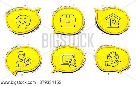Package Box Sign. Diploma Certificate, Save Planet Chat Bubbles. Yummy Smile, Edit Person And Parkin