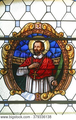 ZAGREB, CROATIA - FEBRUARY 23, 2012: St. Marko Krizin, a stained glass window at Holy Family Church in Zagreb, Croatia
