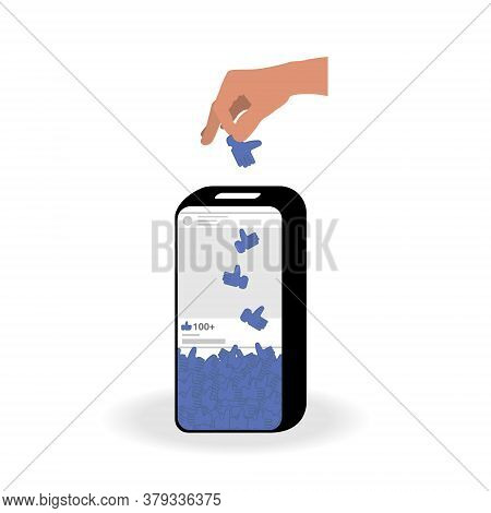 The Phone In The Form Of A Piggy Bank Collects Likes. Hand Puts The Icon Hand Blue Color With The Th